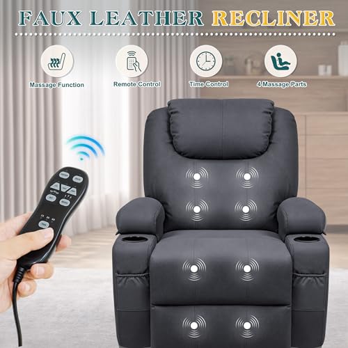 Flamaker Power Lift Recliner Chair PU Leather with Massage for Elderly Ergonomic Lounge Chair Classic Single Sofa with 2 Cup Holders Side Pockets Home Theater Seat (Leather, Light Black)