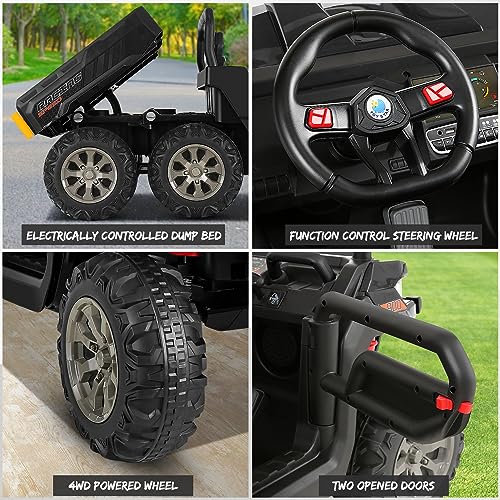 Hikole Two Seater Ride on Cars for Kids, 6x6 24V Kids UTV with Dump Bed&Shovel, 6 EVA Tires, Spring Suspension, LED Light, Music, Bluetooth, USB, Side by Side Electric Dump Truck for Boys 3-8, Blue