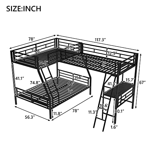 SOFTSEA Heavy Duty Metal Triple Bunk Bed, L Shaped Triple Bunk Bed with Desk, Bunk Beds Twin Over Full Size, Bunk Bed Frame with Guardrails and Ladder, No Box Spring Needed, Noise-Free, Black