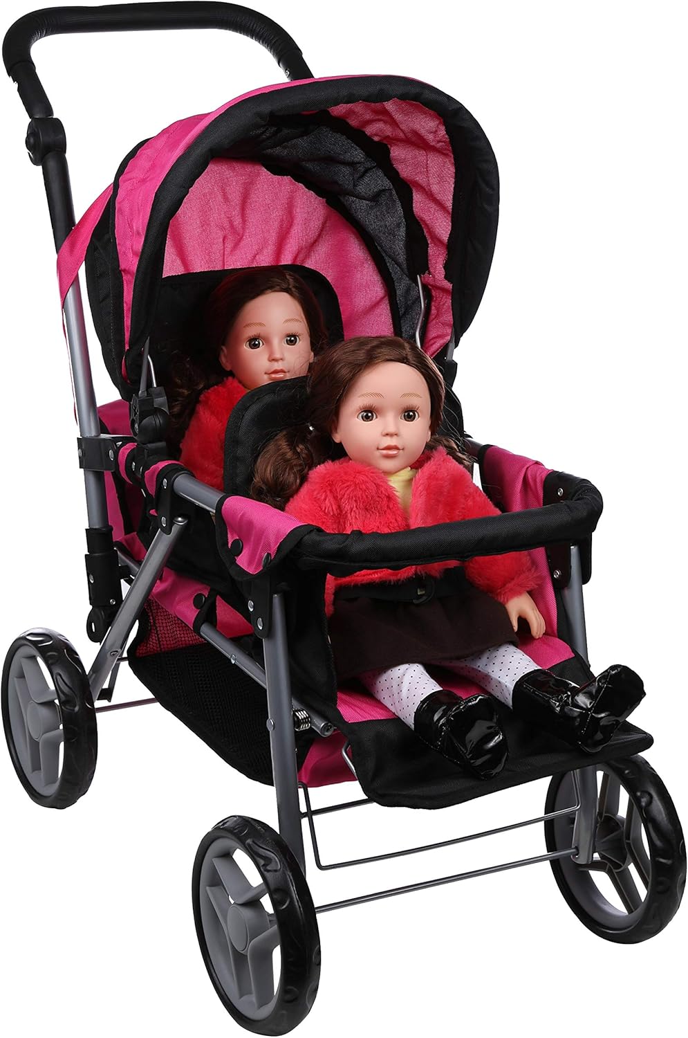 Mommy & Me Twin Doll Stroller Foldable Double Back to Back Doll Pram with Basket, Adjustable Handle, and Free Carriage Bag Hot Pink & Black - 9386