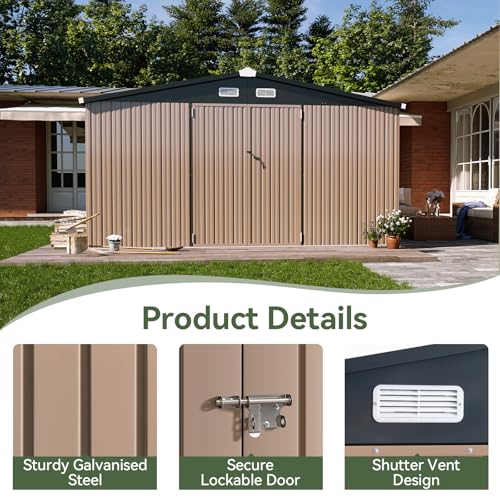 Aoxun 10 x 12FT Outdoor Storage Shed with Double Hinged Large Door Utility Garden Shed with Lockable Door & Sloped Roof Metal Sheds Outdoor Storage for Garden, Backyard, Patio and Backyard, Brown