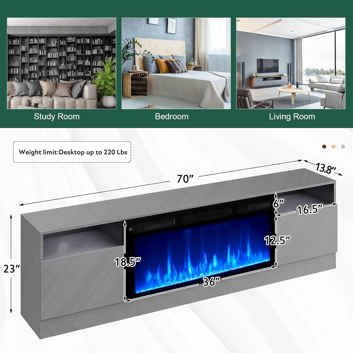 Fireplace TV Stand with 36" Electric Fireplace, LED Light Entertainment Center, Modern Wood Texture Entertainment Stand with Highlight Storage Cabinet for TVs Up to 80", 70 inches, Gray