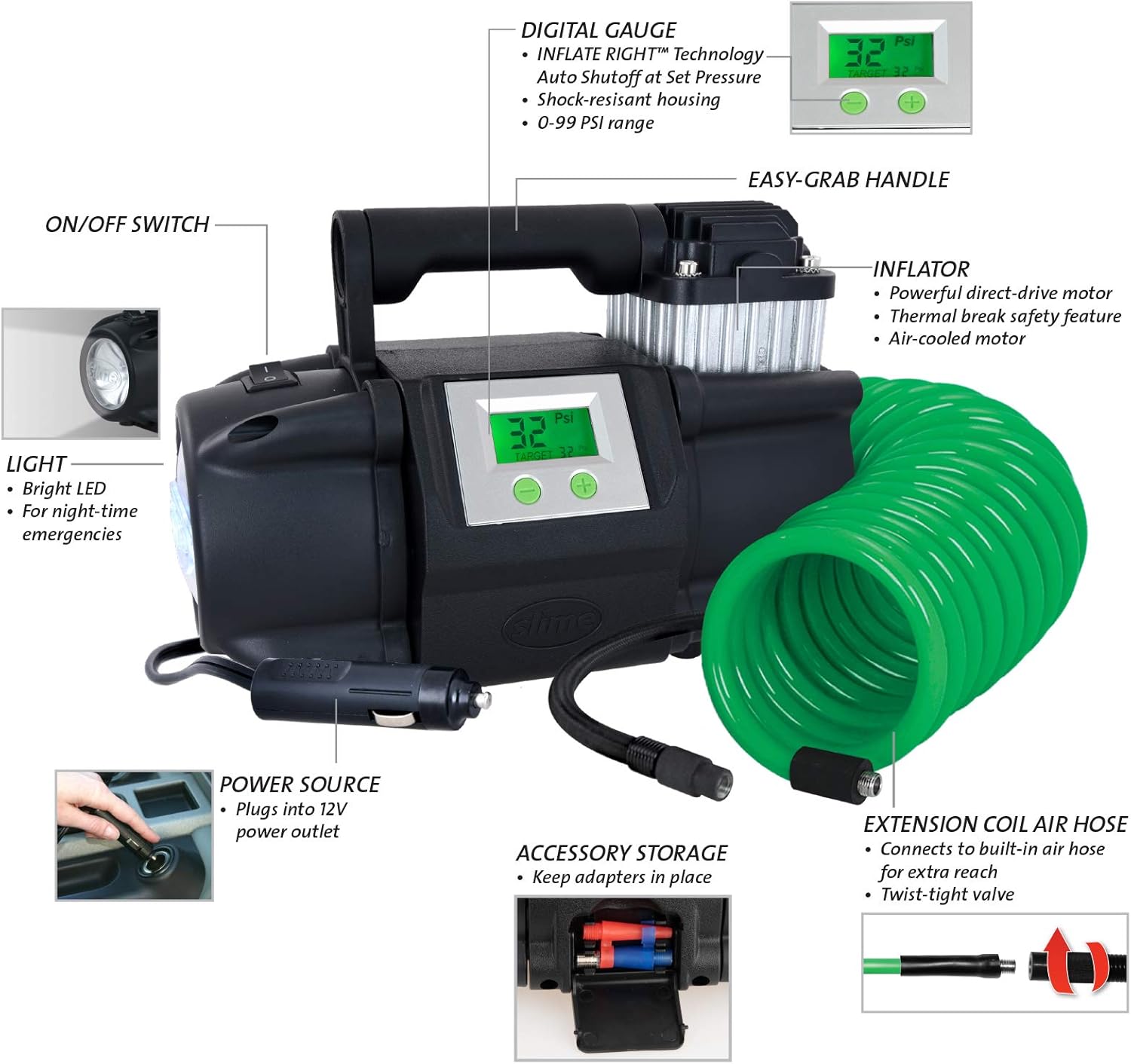 Slime 40063 Tire Inflator, Portable Car, SUV, 4x4 Air Compressor, Elite Heavy Duty, Inflate Right Automatic Shut Off, with Digital 99 psi Display, Long Hose and LED Light, 12V, 3 min Inflation Pack of 2