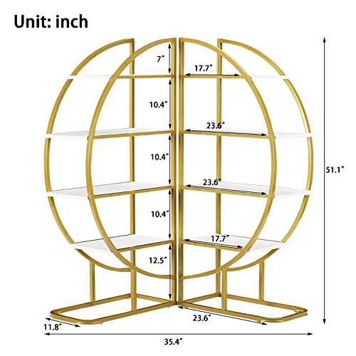 Tmosi 4 Tier Open Bookshelf, Modern Round Tall Bookcase Shelf Storage, Book Shelf with Metal Frame for Bedroom Home Office, Different Placement Ways (Golden+White)
