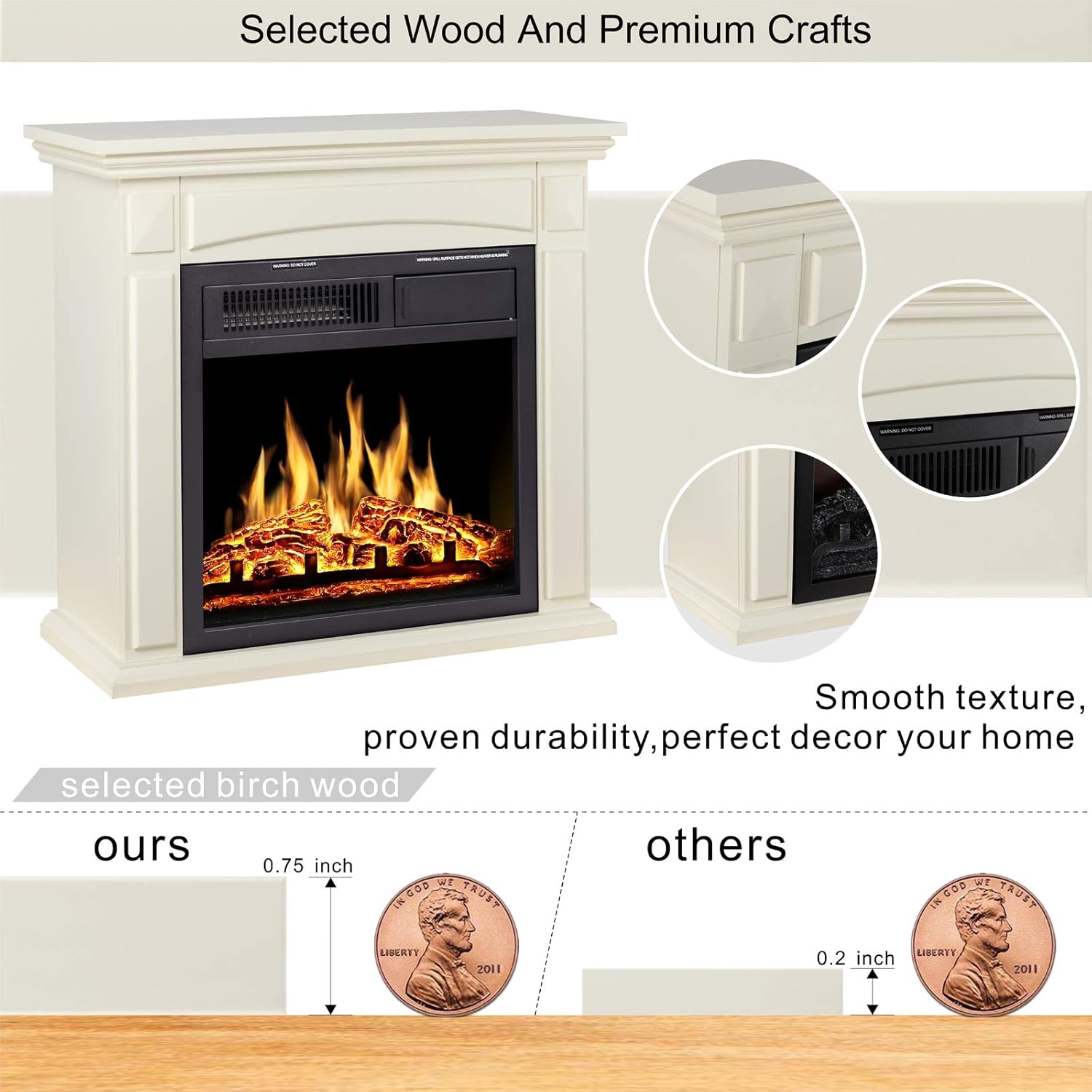 JAMFLY 26’’ Mantel Electric Fireplace Heater Small Freestanding Infrared Quartz Fireplace Stove Heater w/Log Hearth& Wood Surround Firebox, Adjustable Led Flame, Remote Control,750W-1500W, (White)…