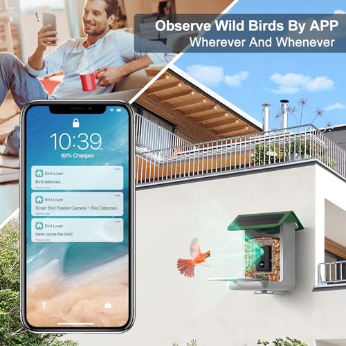 Smart Bird Feeder Camera, Free AI Forever, 32G TF Card & 1080P HD Camera Auto Capture Bird Videos & Solar Panel, App Notify When Birds Detected, Bird House with Built-in Two-Way Microphone