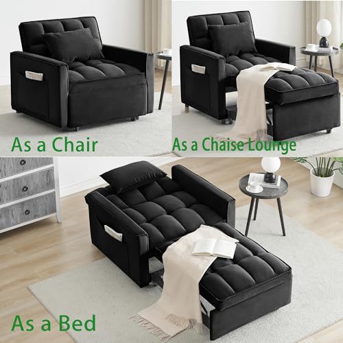 Convertible Chair Bed Sleeper 3 in 1 with Adjustable Back for Adults,Velvet Pull Out Folding Recliner Chair Bed,Single Sleeper Sofa with Pillow & Pocket for Living Room Apartment Small Spaces (White)