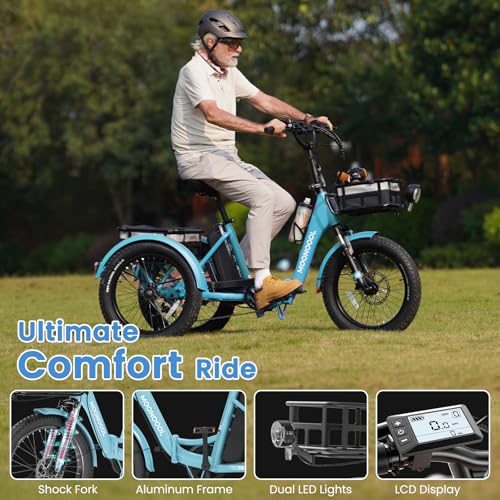 MOONCOOL Electric Trike, Electric Tricycle for Adults, 20" Folding 3 Wheels Electric Bicycle Bikes, 48V 500W/750W Motorized Electric Ebike with Aluminum Frame, Removable Battery and Basket