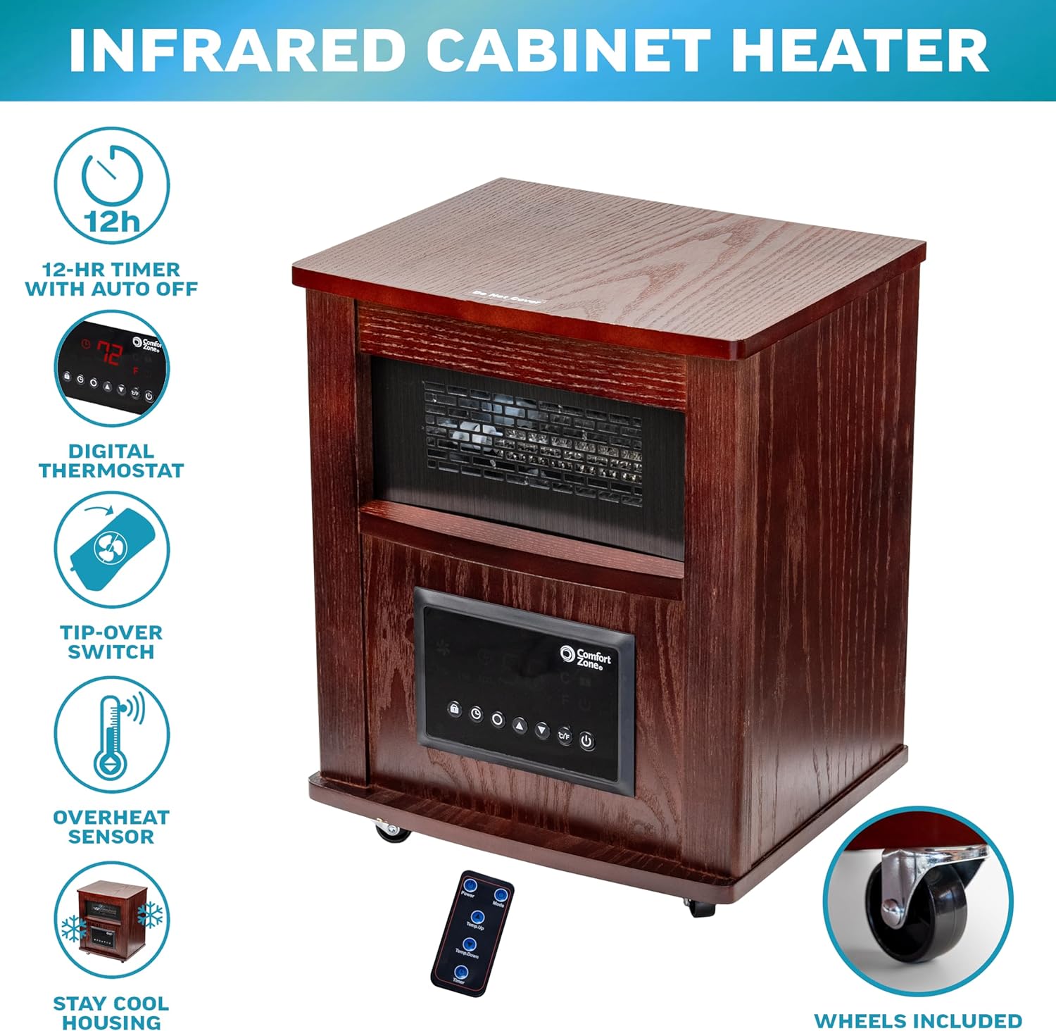Comfort Zone Wood Cabinet Space Heater with Remote, 16 inch, Adjustable Thermostat, Digital Display, Overheat Protection, Electric, Infrared Quartz, Ideal for Home, Bedroom, & Office, 1,500W, CZ2032C