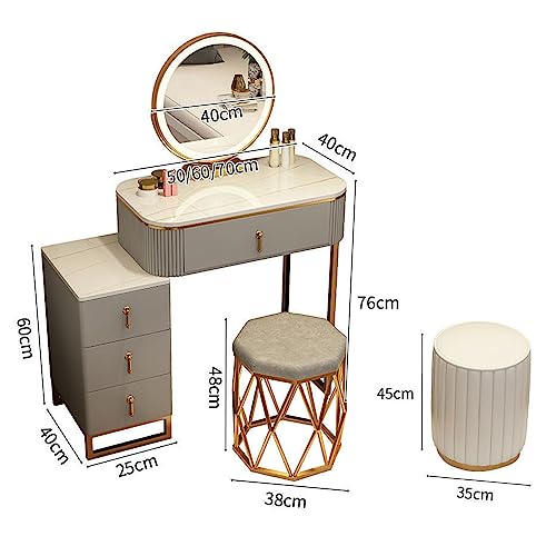 Vanity Set Makeup Dressing Table with Large Round Lighted Mirror, Glass Top, Vanity Table with 4 Drawers Sideboard and Cushioned Stool for Bedroom, Girls Women Gifts