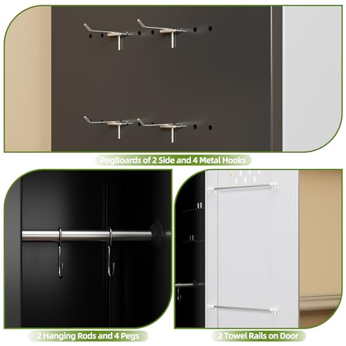Aobabo 71" H×34" W×18" D Garage Metal Storage Cabinet with Wheels, Locking Steel Storage Cabinet with 5 Shelves and 4 Hooks, for Home Office, School, Assembly Required, Black Silver