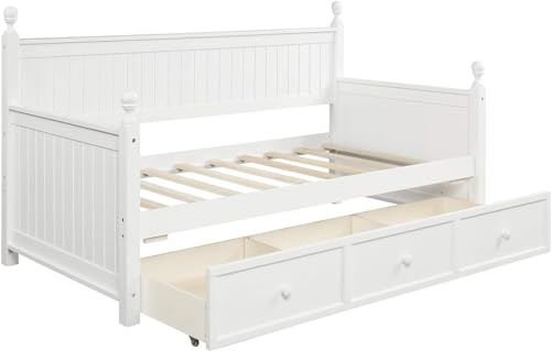 Twin Daybed with Storage Drawers Wood Day Bed Frame Compatible with Living Room Bedroom Dual-use Sofa Beds Compatible with Kids Guests Sleepovers, Twin Size, Gray,Bed Frame, jq-632