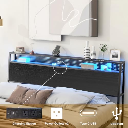 Queen Bed frame with LED Lights, Metal Platform Bed Frame with 4 Storage Drawers, Tall Bookcase Headboard and Charging Station, Sturdy, No Box Springs Needed Black