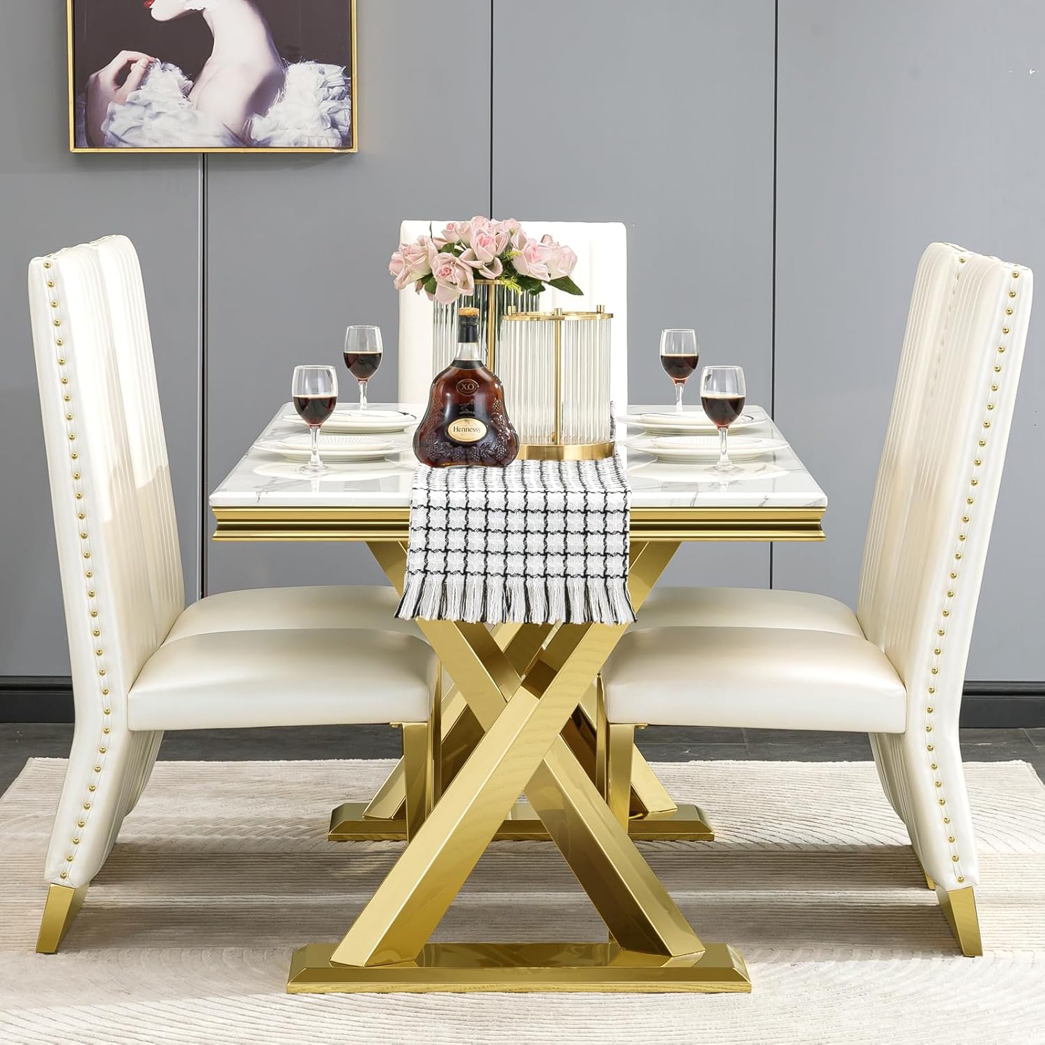 White and Gold Dining Table, 72" Dining Room Table with Polished Gold Double X-Base, Luxury Kitchen Table for 4-8