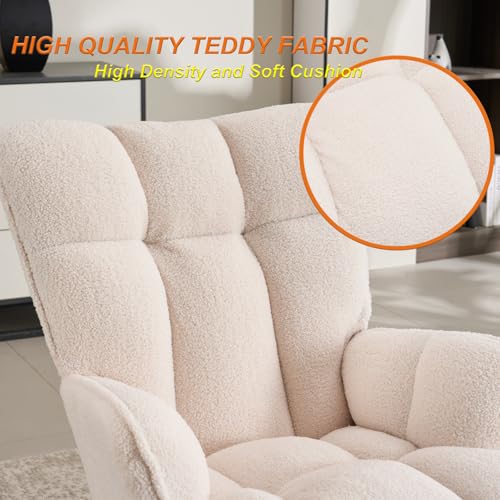 Rocking Chair Nursery, Teddy Upholstered Glider Rocker with High Backrest, Reading Chair Modern Rocking Accent Chairs,Glider Chair with Ottoman for Bedroom, Nursing, Living Room(White)