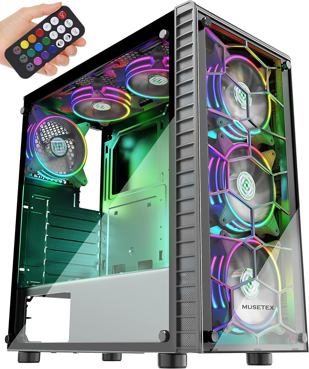 MUSETEX ATX PC Case, Mid-Tower Computer Gaming Case with 6 Pcs ARGB Fans Pre-Installed, USB 3.0, Tempered Glass Panels, Black, MS6-HB