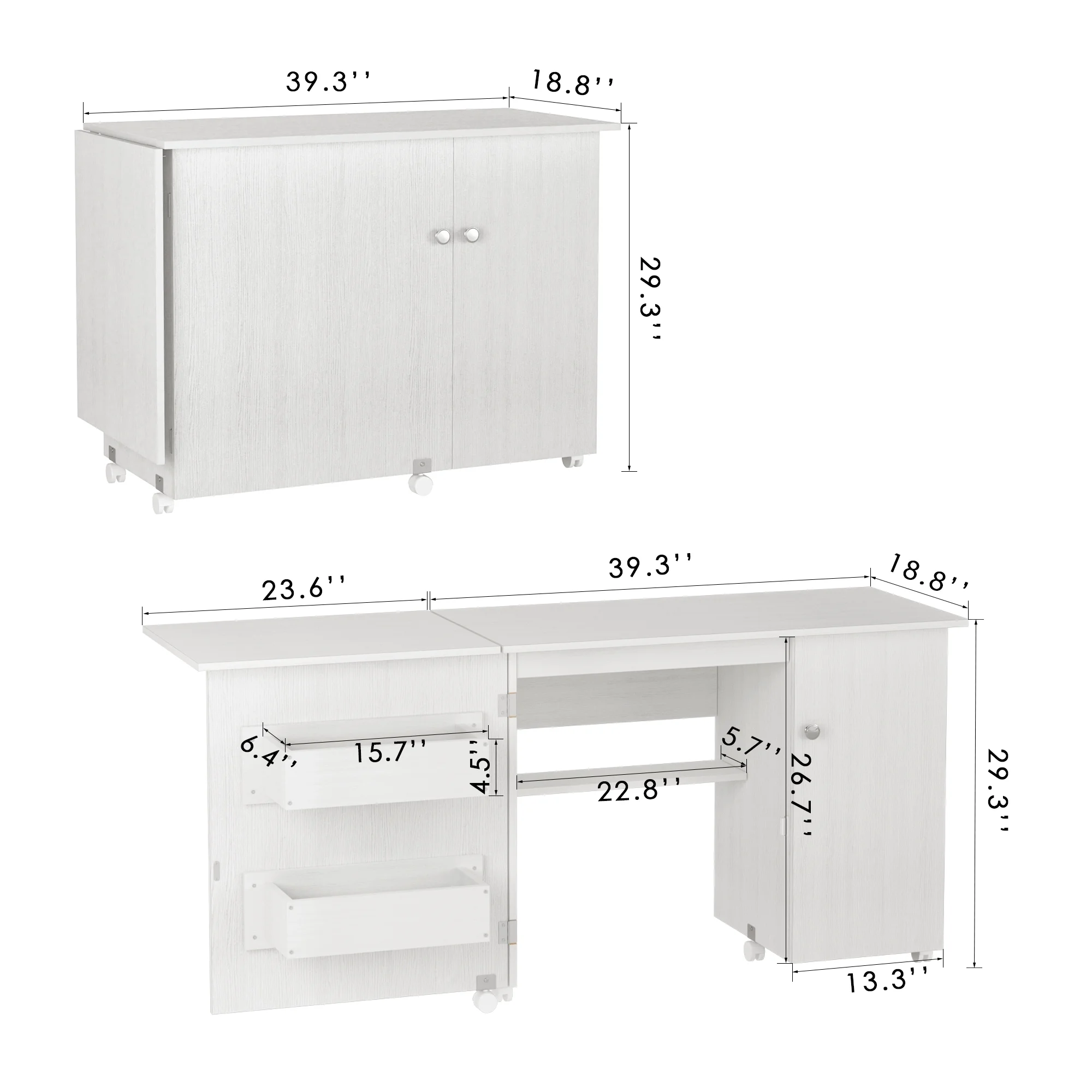 Homfa Folding Sewing Machine Table with Cabinet, 63 Inch Multipurpose Large Sewing Craft Cart with Storage Shelves, Sewing Desk with Lockable Casters, Sturdy and Durable, White