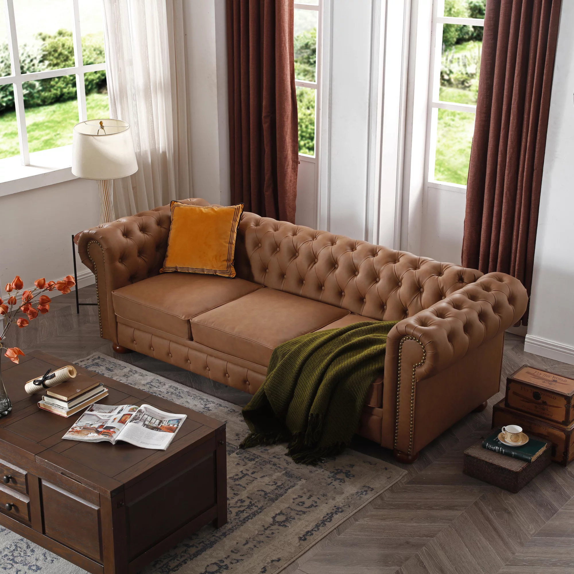 Classic Chesterfield Sofa Brown Faux Leather