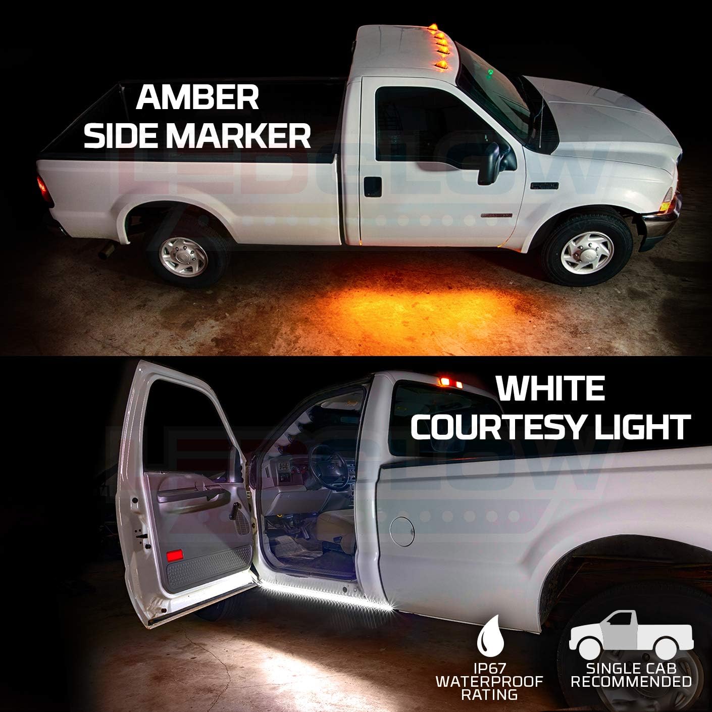 LEDGlow 52 Truck LED Running Board Light Amber Side Marker Kit with White Courtesy Lights for Regular & Straight Cab Trucks - Multi-Function Lighting - Flexible Waterproof Strips