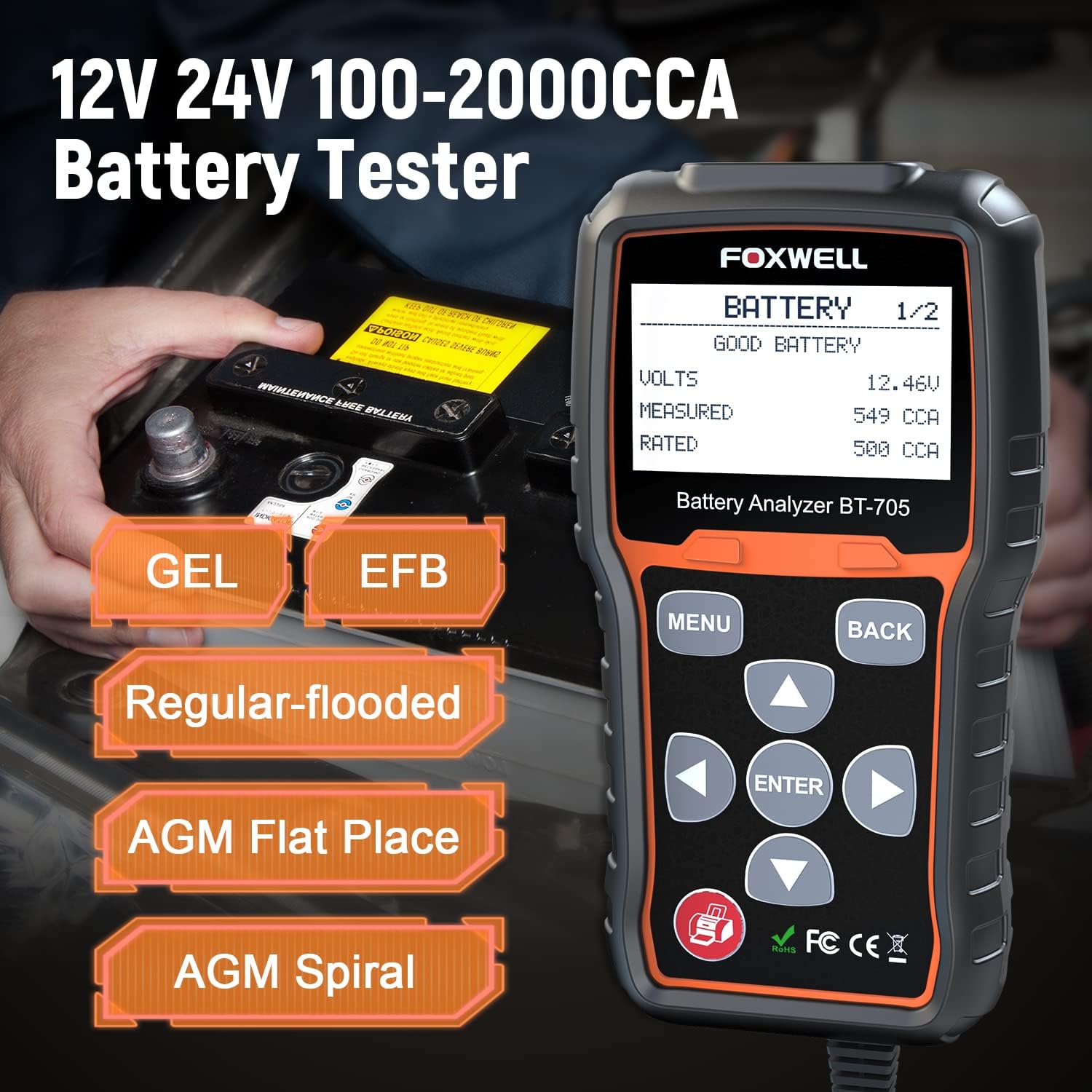 FOXWELL BT705 12V 24V Car Battery Tester Automotive 100-2000 CCA Battery Load Tester Auto Cranking and Charging System Test Scan Tool Digital Battery Alternator Analyzer for Vehicle, Heavy Duty Truck