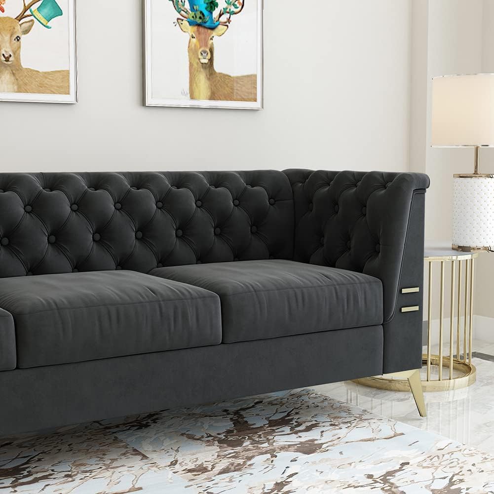 WILLIAMSPACE Chesterfield Sofa 3 Seater Couches Upholstered Tufted Velvet Sectional Sofa for Living Room/Office/Apartment - Dark Grey