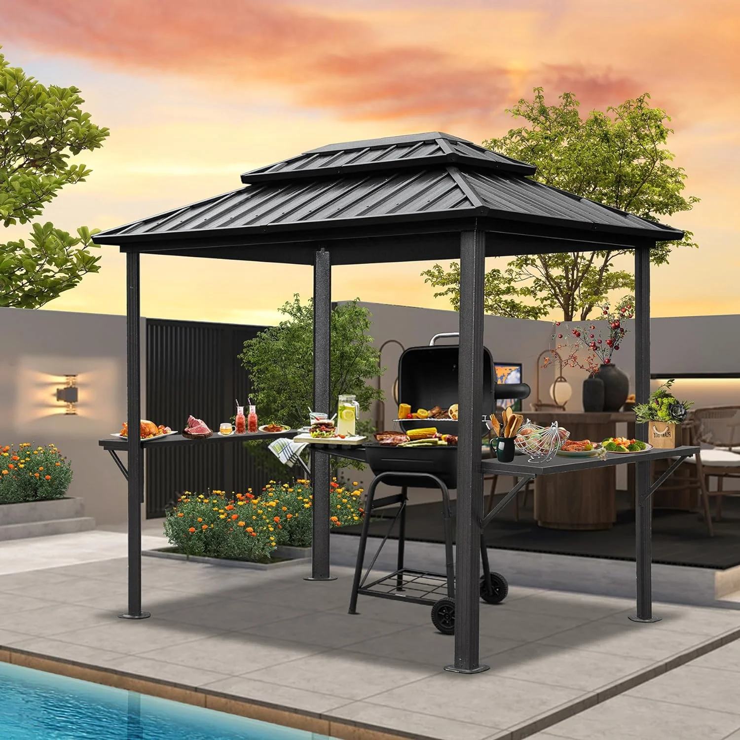 Domi Grill Gazebo 8'  6', Aluminum BBQ Gazebo Outdoor Metal Frame with Shelves Serving Tables, Permanent Double Roof Hard top Gazebos for Patio Lawn Deck Backyard and Garden (Gray)
