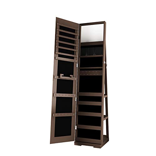 SDHYL Rotating Jewelry Cabinet with Mirror, Full Length Wooden Storage Armoire with Lock