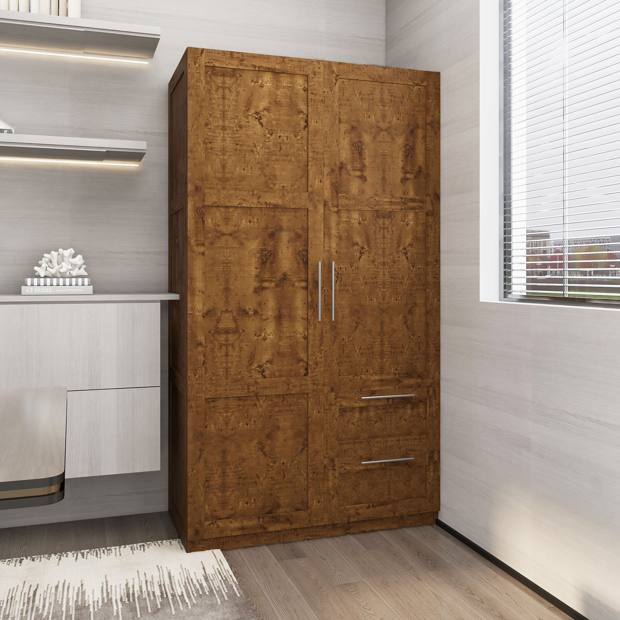 HIUU Double Wardrobe Cabinets,Wood Armoire with Drawers and Shelves for Living Room,Wood Armoire Wardrobe with Hanging Rod,Retro Brown
