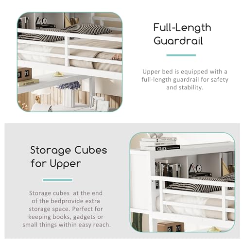 Linique Metal Loft Bed with Wardrobe & L-Shaped Desk - Sturdy Space-Saving Loft Bed Includes Storage Cubes, Shelves for Kids, Teens, Adults (White, Queen)