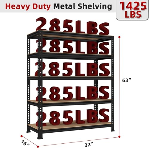 5 Tier Garage Storage Shelves - 32" W x 16" D x 63" H Adjustable Heavy Duty Metal Shelving Unit, Garage Shelving Utility Storage Rack for Basement, Pantry, Kitchen, Black, 2 PCS