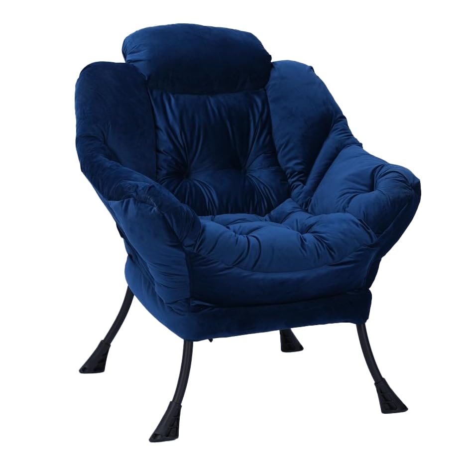 Living Room Chairs Modern Cotton Fabric Lazy Chair, Accent Contemporary Lounge Chair, Single Steel Frame Leisure Sofa Chair with Armrests and A Side Pocket (Blue)