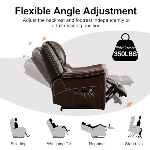 CANMOV Large Genuine Leather Power Lift Recliner Chair for Elderly, Lay Flat Dual Motor Recliner with Massage and Heated, Electric Lift Chair for Seniors with Cup Holders, Side Pocket, Dark Brown