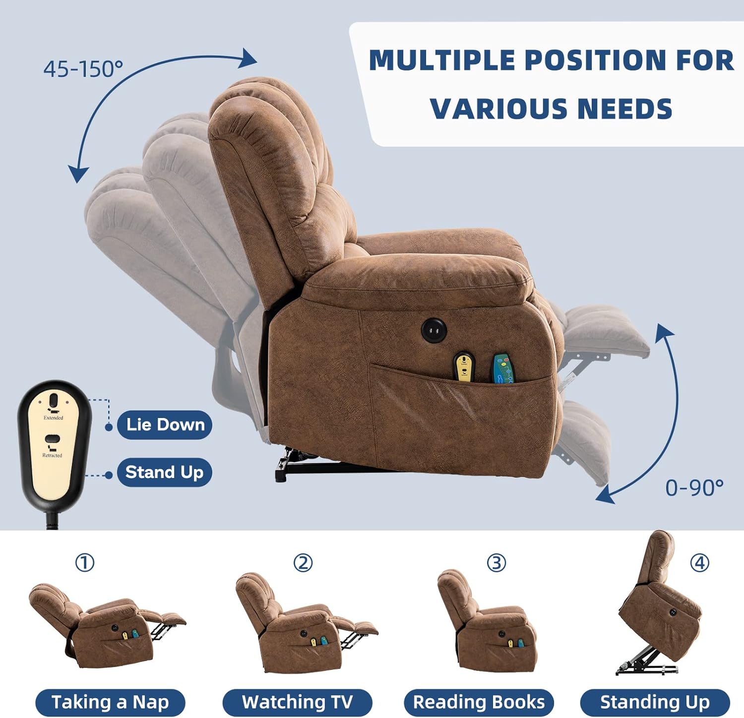 Large Electric Power Lift Recliner Chair for Elderly Big People, Heated Massage Motorized Reclining Sofa, Wide Recliners with 2 Remote Controls, Side Pockets & USB Ports, Brown