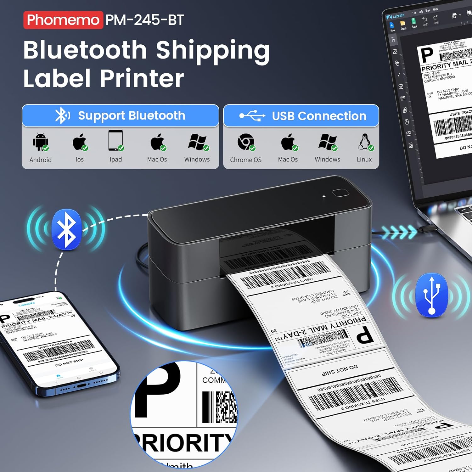 Phomemo Bluetooth Thermal Label Printer, 4x6 Thermal Shipping Label Printer for Small Business, 245-BT Bluetooth Shipping Label Printer for Shipping Packages, Compatible with iPhone, USPS, Amazon
