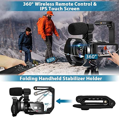 Dingetu Camcorder Video Camera 4K HD 48MP 18X Digital Zoom Camcorder Recorder 3" Touch Screen Vlogging Camera for YouTube IR Night Vision Camcorder with 2 Batteries, Remote Control, 32GB Card