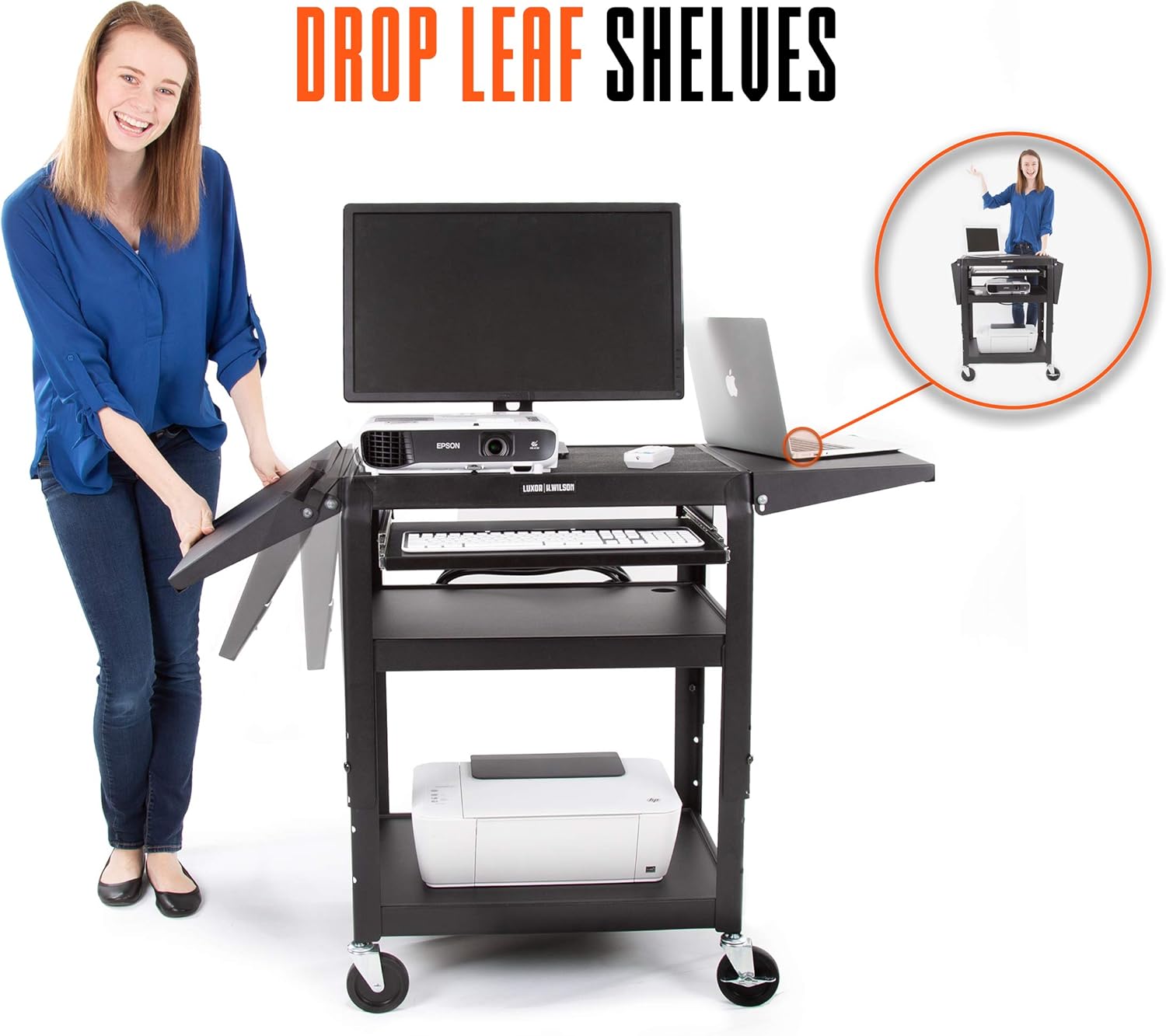 Line Leader Large AV Cart with Drop Leaves | Height Adjustable Utility Cart | Includes Pullout Keyboard Tray & Cord Management | Easy Assembly (54in x 18in x 42in / Black)