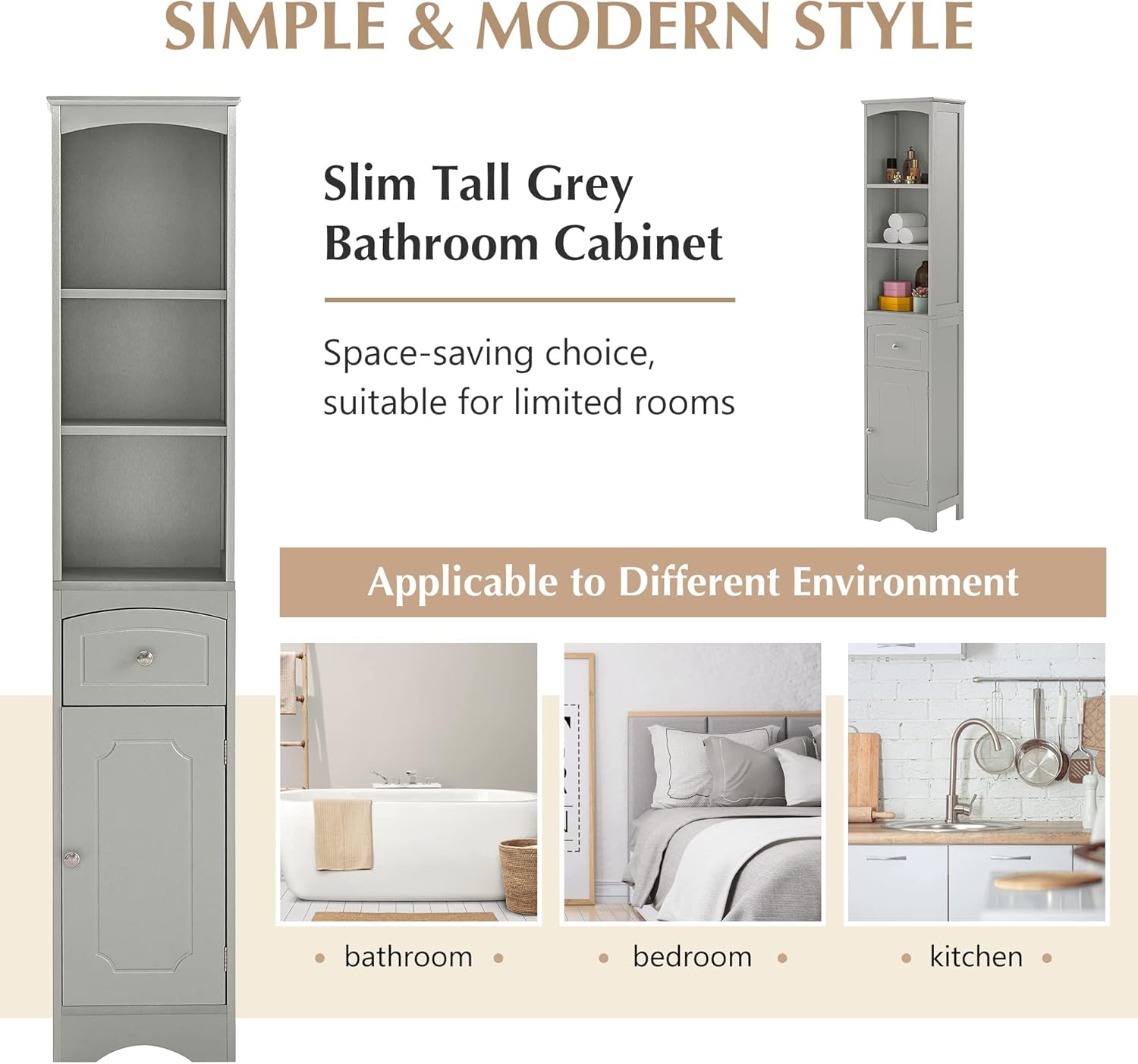 Tall Slim Bathroom Storage, Narrow Freestanding Floor Cabinets Tower w/ 3-Tier Adjustable Shelf and 1 Drawer for Home, Kitchen, Living Room, Anti-Tipping, 13.4" L x 9.1''W x 66.9''H, Grey