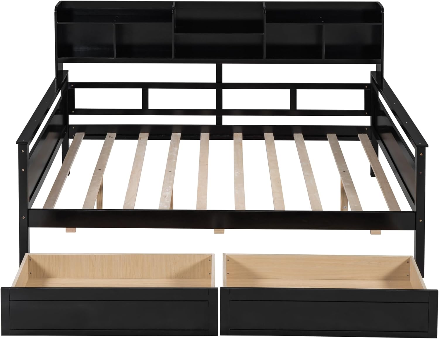 Full Size Wood Daybed with 2 Storage Drawers and Bedside Shelves, Sofa Bed Frame for Livingroom, Bedroom, Espresso