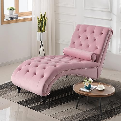 Chaise Lounge Chair Indoor, Modern Button Tufted Velvet Upholstered Leisure Accent Chair with Solid Wood Legs & Lumbar Pillow, Recliner Sofa Single Sleeper Sofa for Living Room, Bedroom, Pink