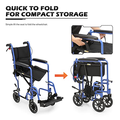 monicare Lightweight Wheelchair for Adults, with Locking Hand Brakes, 8 Inch Rear Wheels and Back Folds Down User-Friendly Transport Compact 16 Inch Seat Wheel Chair, 250 lbs Weight Capacity, Red
