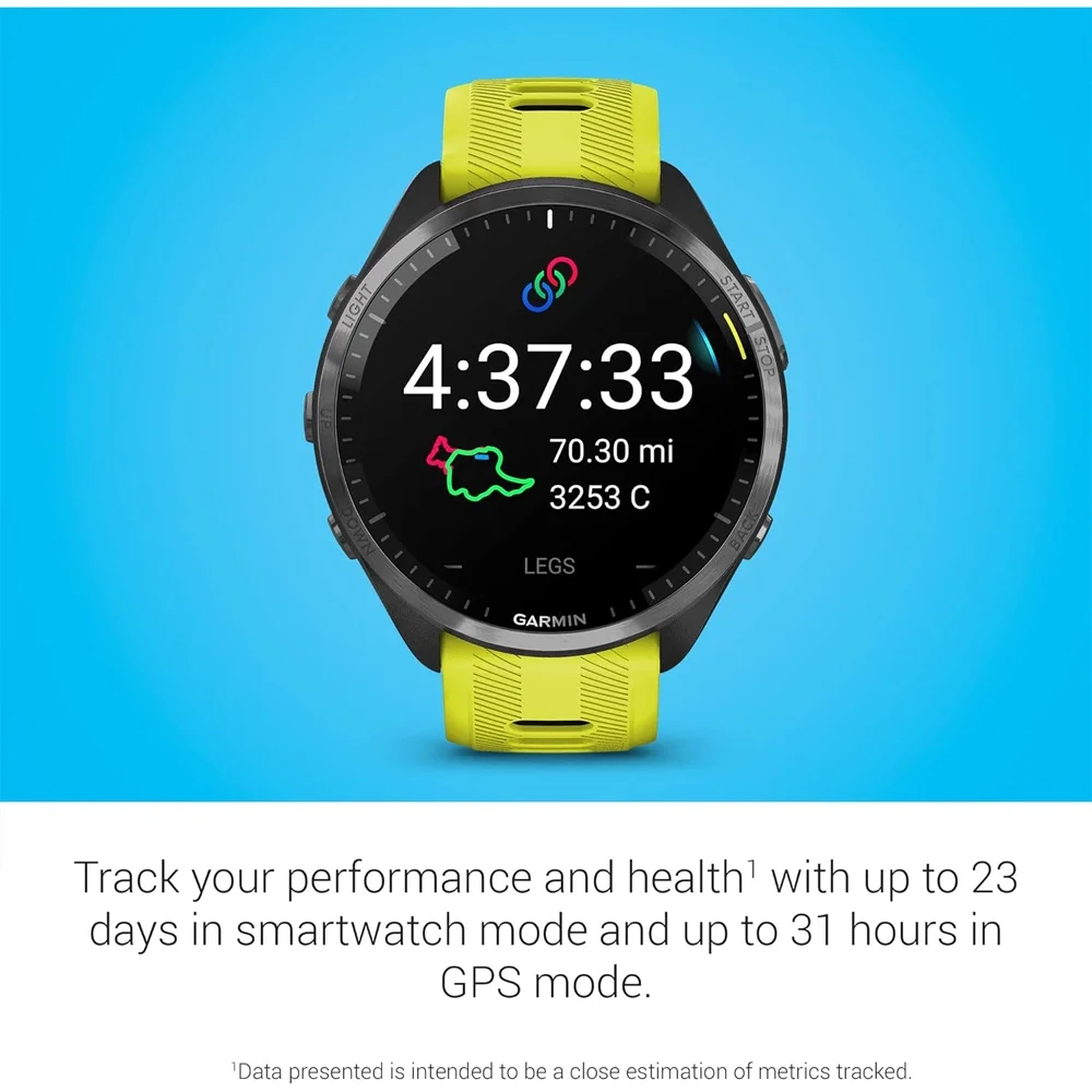 Garmin 010-02809-02 Forerunner 965 Running Smartwatch, Amp Yellow and Black Bundle with Workout Cooling Sport Towel + Deco Essentials Wearable Commuter Front & Rear Safety Light