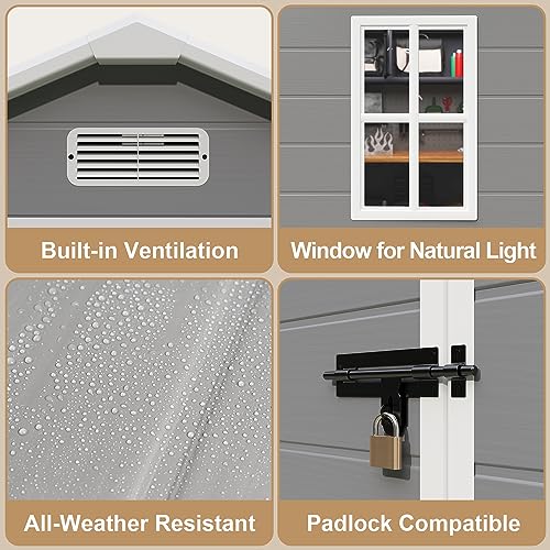 Gizoon Outdoor Resin Storage Shed 5x3 FT, Plastic Garden Shed with Floor for Tool, Garbage Can, Bike, Outside Sheds & Outdoor Resin Shed with Lockable Door for Patio, Lawn, Backyard, Grey & White