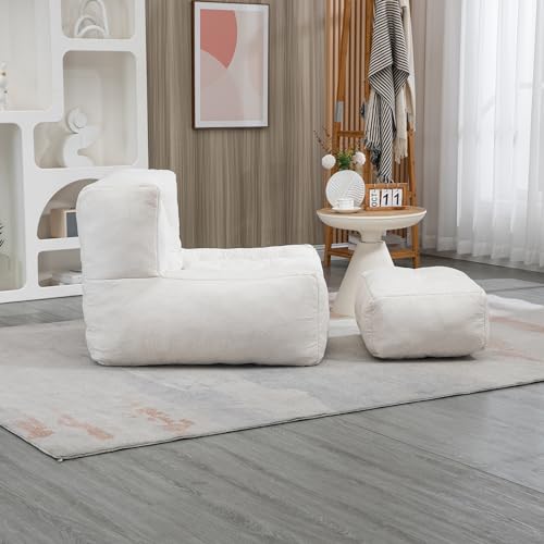 roomfitters Fluffy Bean Bag Chair - Comfortable Super Soft Lazy Sofa Chair with Memory Foam and Ottoman for Adults and Children - Modern Indoor Focus for Living Room, Bedroom, Apartment (Blue)