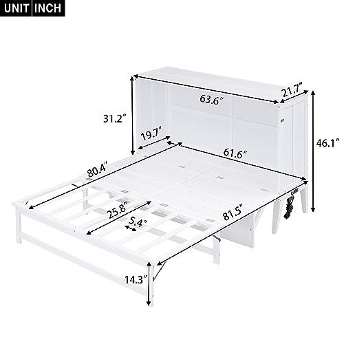 SOFTSEA Queen Size Murphy Bed with Bookcase, Bedside Shelves and Big Drawer, Storage Folding Wall Bed for Office Home Small Room Study, White