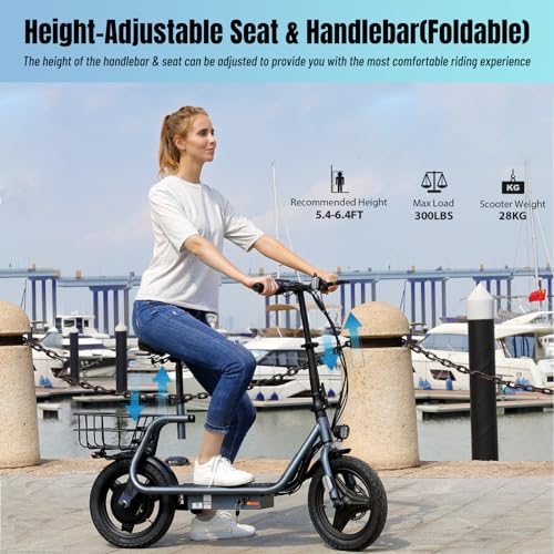 Caroma Peak 500W/800W/1200W Electric Scooter with Seat, Max 15/20/30Miles Range&20MPH, 14" Tires Foldable Adult Electric Scooter with Basket for Pets & Cargo, Dual Shock Absorbing Ebike for Commuting