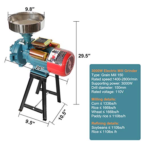 ABORON 3000W Electric Corn Mill Grinder Heavy Duty Commercial Electric Feed Mill Dry Wet Grinder 110V Cereals Corn Grain Coffee Wheat Feed Machine With Funnel (wet and dry grinder)
