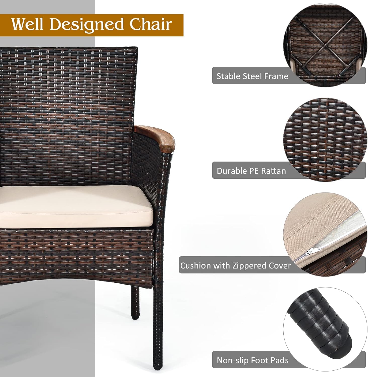 Tangkula 7 Pieces Patio Dining Set, Patiojoy Outdoor Conversation Set w/Acacia Wood Top Table & 6 Stackable Rattan Chairs, Wicker Dining Furniture w/Umbrella Hole, Steel Frame, Sponge Seat Cushions