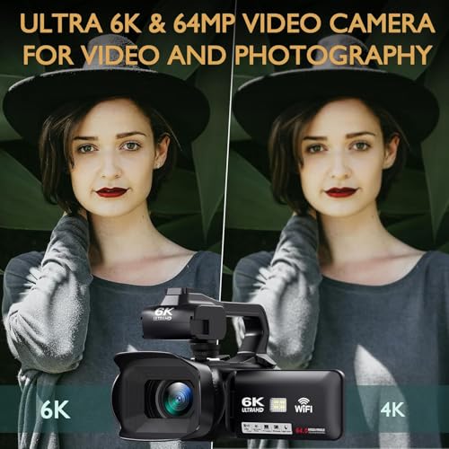 6K Camcorder Video Camera 64MP IR Night Vision Vlogging Camera for YouTube 18X Digital Zoom 4.0 Inch Touch Screen Video Camera with WiFi, Microphone, Remote Control, 64GB SD Card,Stabilizer