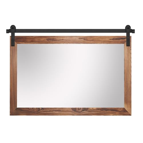 Farmhouse Barn Door Mirror - 41" x 26" Rustic Wood Framed Wall Mirror for Bathroom, Living Room, Bedroom Wall Decor (Brown)