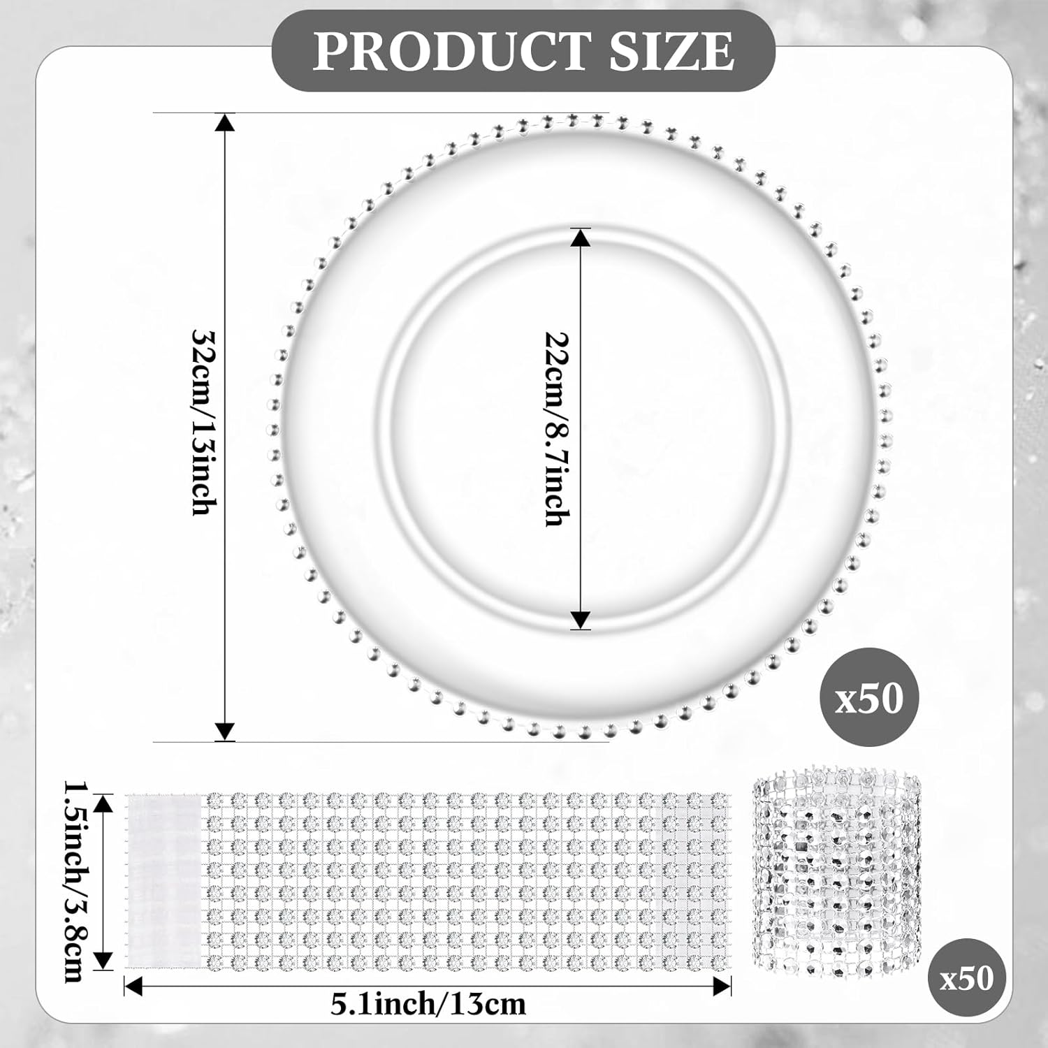 Dandat 50 Pack Clear Charger Plates Set 13 Inch Plastic Round Plates Bulk Silver Beaded Rim Dinner Plates with Napkin Rings, Wedding Party Banquet Events Kitchen Decoration
